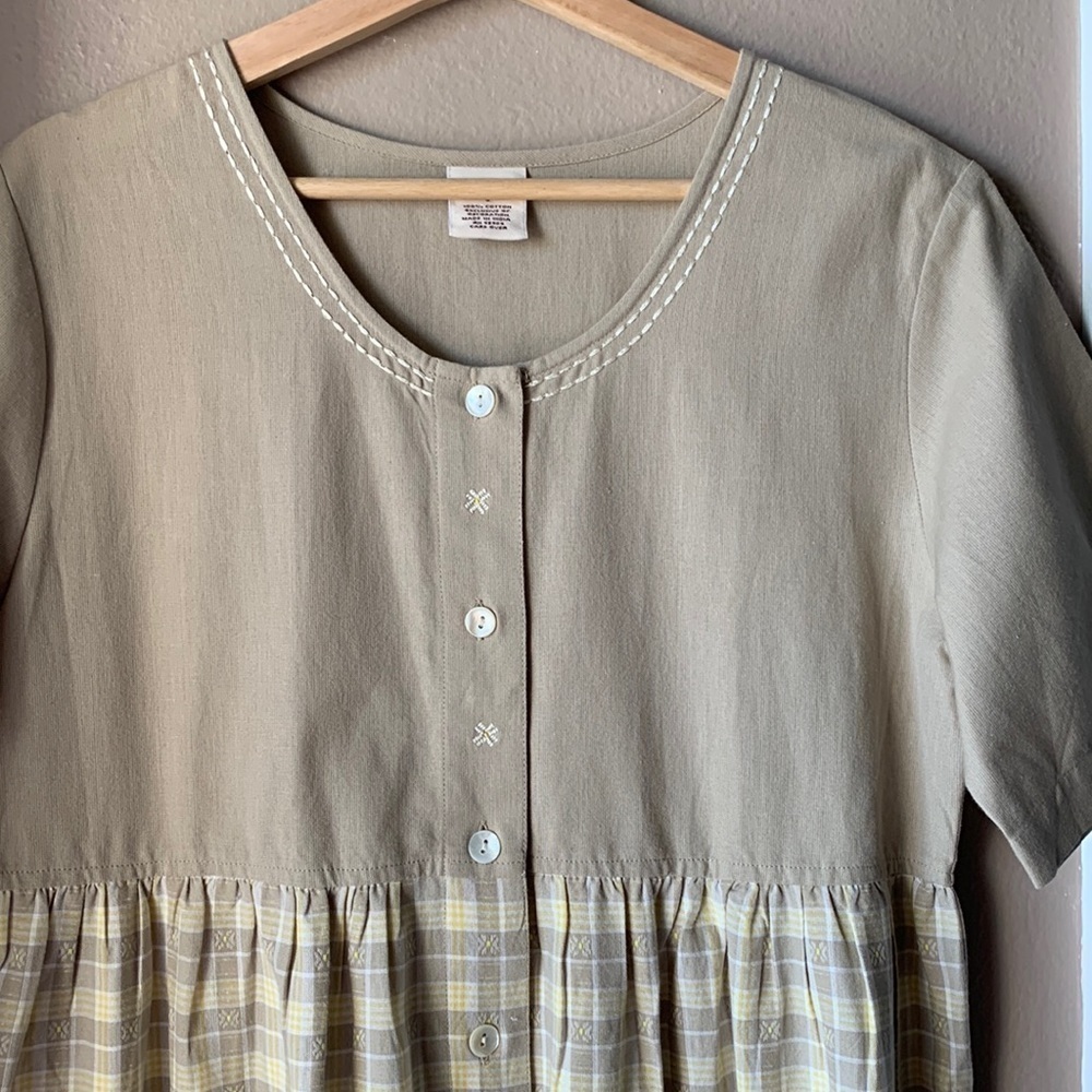 BECHAMEL Tan and Yellow Prairie Plaid Short Sleeve Midi Dress